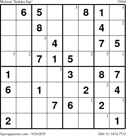The grouppuzzles.com Medium Sudoku-8up puzzle for Friday September 26, 2025 with the first 3 steps marked