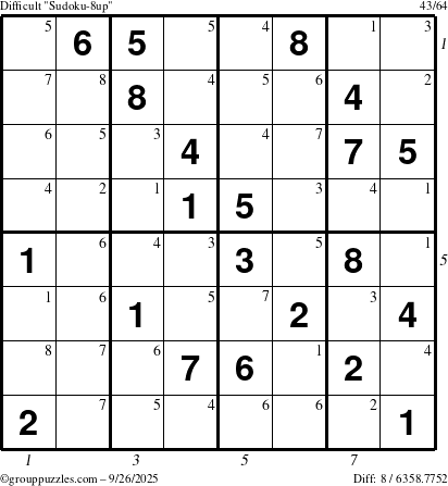 The grouppuzzles.com Difficult Sudoku-8up puzzle for Friday September 26, 2025 with all 8 steps marked