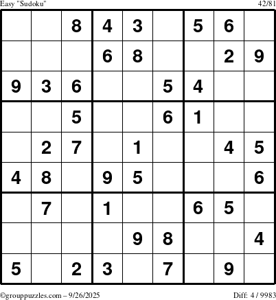 The grouppuzzles.com Easy Sudoku puzzle for Friday September 26, 2025
