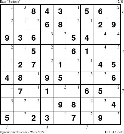 The grouppuzzles.com Easy Sudoku puzzle for Friday September 26, 2025, suitable for printing, with all 4 steps marked