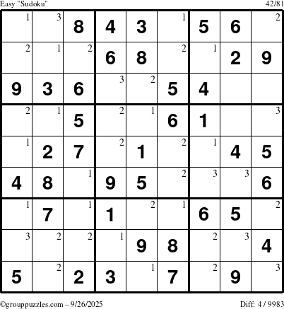 The grouppuzzles.com Easy Sudoku puzzle for Friday September 26, 2025 with the first 3 steps marked