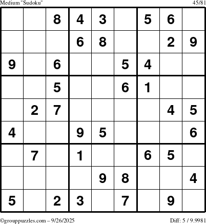 The grouppuzzles.com Medium Sudoku puzzle for Friday September 26, 2025