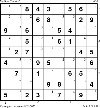 The grouppuzzles.com Medium Sudoku puzzle for Friday September 26, 2025 with all 5 steps marked