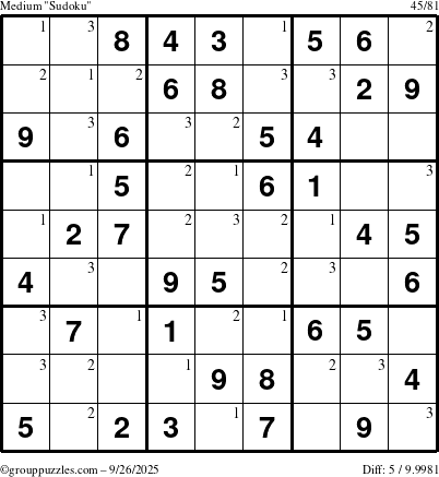 The grouppuzzles.com Medium Sudoku puzzle for Friday September 26, 2025 with the first 3 steps marked