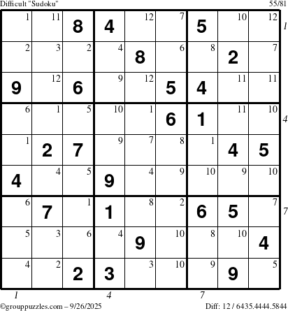 The grouppuzzles.com Difficult Sudoku puzzle for Friday September 26, 2025 with all 12 steps marked