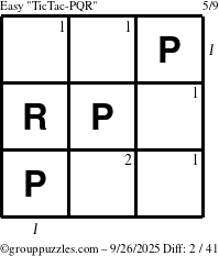 The grouppuzzles.com Easy TicTac-PQR puzzle for Friday September 26, 2025 with all 2 steps marked