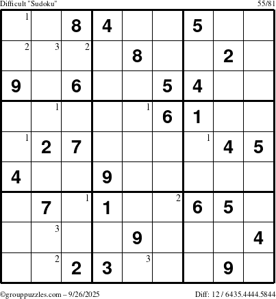 The grouppuzzles.com Difficult Sudoku puzzle for Friday September 26, 2025 with the first 3 steps marked