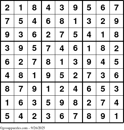 The grouppuzzles.com Answer grid for the Sudoku puzzle for Friday September 26, 2025