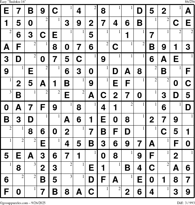 The grouppuzzles.com Easy Sudoku-16 puzzle for Friday September 26, 2025 with the first 3 steps marked