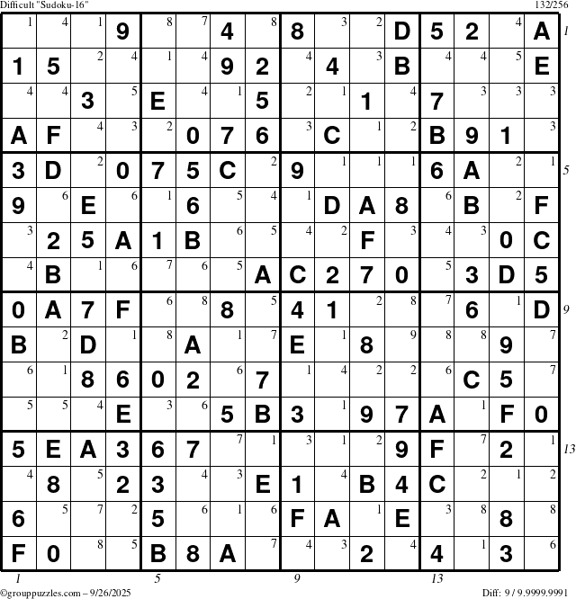 The grouppuzzles.com Difficult Sudoku-16 puzzle for Friday September 26, 2025, suitable for printing, with all 9 steps marked