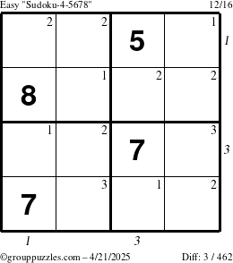 The grouppuzzles.com Easy Sudoku-4-5678 puzzle for Monday April 21, 2025 with all 3 steps marked