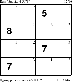 The grouppuzzles.com Easy Sudoku-4-5678 puzzle for Monday April 21, 2025 with the first 3 steps marked