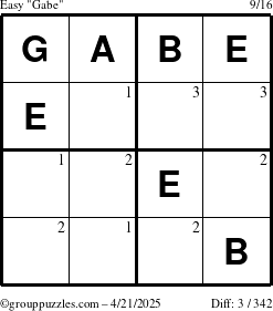 The grouppuzzles.com Easy Gabe puzzle for Monday April 21, 2025 with the first 3 steps marked