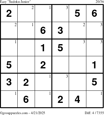 The grouppuzzles.com Easy Sudoku-Junior puzzle for Monday April 21, 2025 with the first 3 steps marked