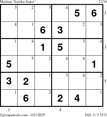 The grouppuzzles.com Medium Sudoku-Junior puzzle for Monday April 21, 2025, suitable for printing, with all 5 steps marked