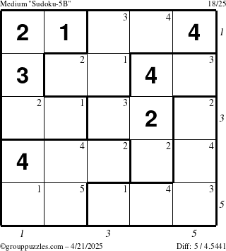 The grouppuzzles.com Medium Sudoku-5B puzzle for Monday April 21, 2025, suitable for printing, with all 5 steps marked
