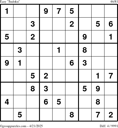 The grouppuzzles.com Easy Sudoku puzzle for Monday April 21, 2025