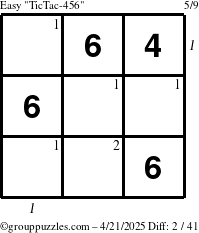 The grouppuzzles.com Easy TicTac-456 puzzle for Monday April 21, 2025 with all 2 steps marked