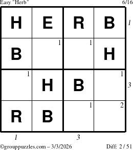 The grouppuzzles.com Easy Herb puzzle for Tuesday March 3, 2026, suitable for printing, with all 2 steps marked