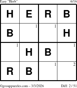 The grouppuzzles.com Easy Herb puzzle for Tuesday March 3, 2026 with the first 2 steps marked