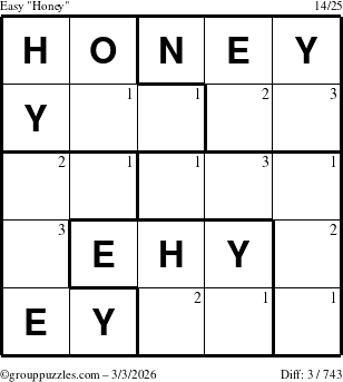 The grouppuzzles.com Easy Honey puzzle for Tuesday March 3, 2026 with the first 3 steps marked