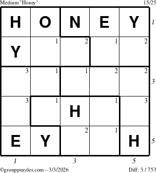 The grouppuzzles.com Medium Honey puzzle for Tuesday March 3, 2026, suitable for printing, with all 3 steps marked