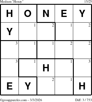 The grouppuzzles.com Medium Honey puzzle for Tuesday March 3, 2026 with the first 3 steps marked