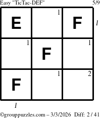 The grouppuzzles.com Easy TicTac-DEF puzzle for Tuesday March 3, 2026, suitable for printing, with all 2 steps marked