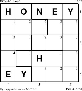 The grouppuzzles.com Difficult Honey puzzle for Tuesday March 3, 2026 with all 4 steps marked