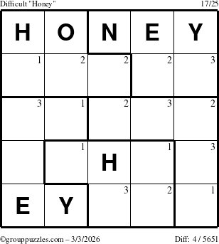 The grouppuzzles.com Difficult Honey puzzle for Tuesday March 3, 2026 with the first 3 steps marked