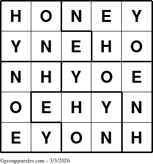 The grouppuzzles.com Answer grid for the Honey puzzle for Tuesday March 3, 2026