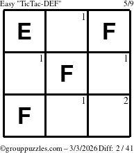 The grouppuzzles.com Easy TicTac-DEF puzzle for Tuesday March 3, 2026 with the first 2 steps marked