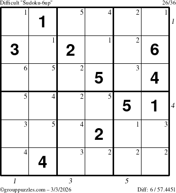The grouppuzzles.com Difficult Sudoku-6up puzzle for Tuesday March 3, 2026, suitable for printing, with all 6 steps marked