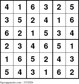The grouppuzzles.com Answer grid for the Sudoku-6up puzzle for Tuesday March 3, 2026