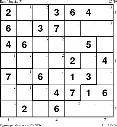 The grouppuzzles.com Easy Sudoku-7 puzzle for Tuesday March 3, 2026, suitable for printing, with all 3 steps marked