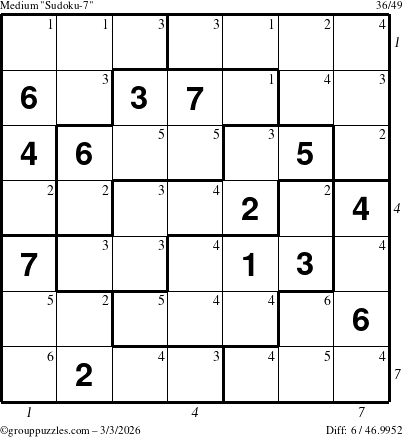 The grouppuzzles.com Medium Sudoku-7 puzzle for Tuesday March 3, 2026 with all 6 steps marked
