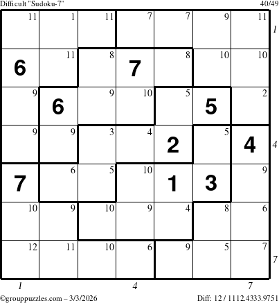 The grouppuzzles.com Difficult Sudoku-7 puzzle for Tuesday March 3, 2026, suitable for printing, with all 12 steps marked
