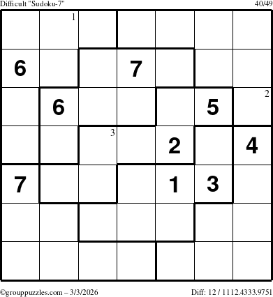 The grouppuzzles.com Difficult Sudoku-7 puzzle for Tuesday March 3, 2026 with the first 3 steps marked