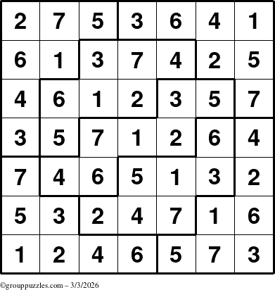 The grouppuzzles.com Answer grid for the Sudoku-7 puzzle for Tuesday March 3, 2026