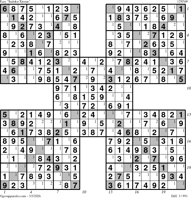 The grouppuzzles.com Easy Sudoku-Xtreme puzzle for Tuesday March 3, 2026, suitable for printing, with all 3 steps marked