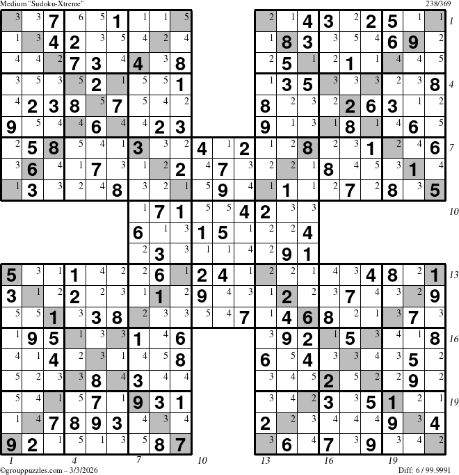 The grouppuzzles.com Medium Sudoku-Xtreme puzzle for Tuesday March 3, 2026 with all 6 steps marked