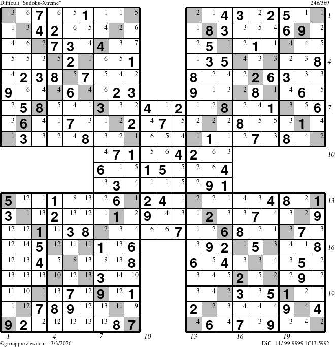 The grouppuzzles.com Difficult Sudoku-Xtreme puzzle for Tuesday March 3, 2026 with all 14 steps marked