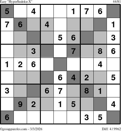 The grouppuzzles.com Easy HyperSudoku-X puzzle for Tuesday March 3, 2026