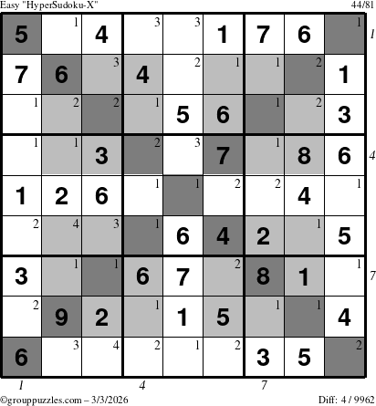 The grouppuzzles.com Easy HyperSudoku-X puzzle for Tuesday March 3, 2026 with all 4 steps marked