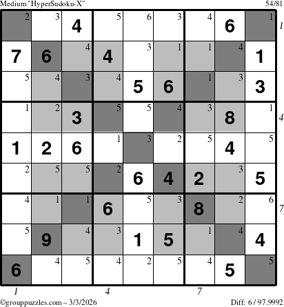 The grouppuzzles.com Medium HyperSudoku-X puzzle for Tuesday March 3, 2026 with all 6 steps marked