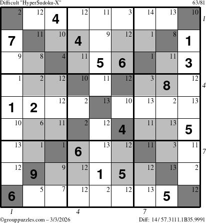 The grouppuzzles.com Difficult HyperSudoku-X puzzle for Tuesday March 3, 2026, suitable for printing, with all 14 steps marked