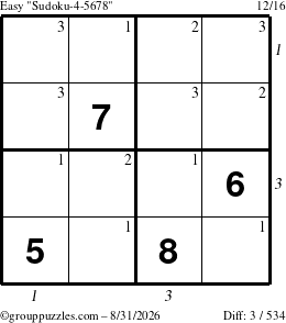 The grouppuzzles.com Easy Sudoku-4-5678 puzzle for Monday August 31, 2026 with all 3 steps marked