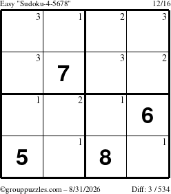 The grouppuzzles.com Easy Sudoku-4-5678 puzzle for Monday August 31, 2026 with the first 3 steps marked