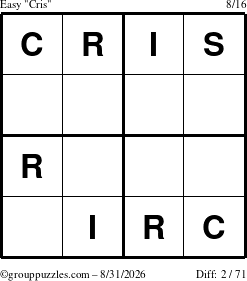 The grouppuzzles.com Easy Cris puzzle for Monday August 31, 2026