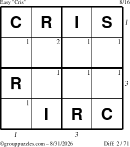The grouppuzzles.com Easy Cris puzzle for Monday August 31, 2026, suitable for printing, with all 2 steps marked
